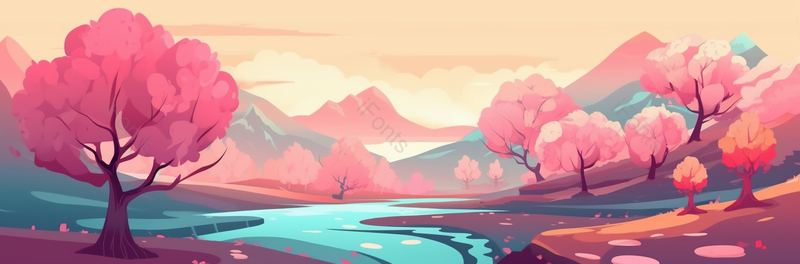 横板长图扁平化山谷树木河流风景,插画/手绘图,插画/手绘图库,插画/手绘图下载,插画/手绘